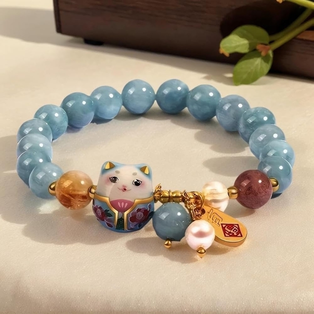 Blue Beaded Bracelet with Ceramic Cat Charm